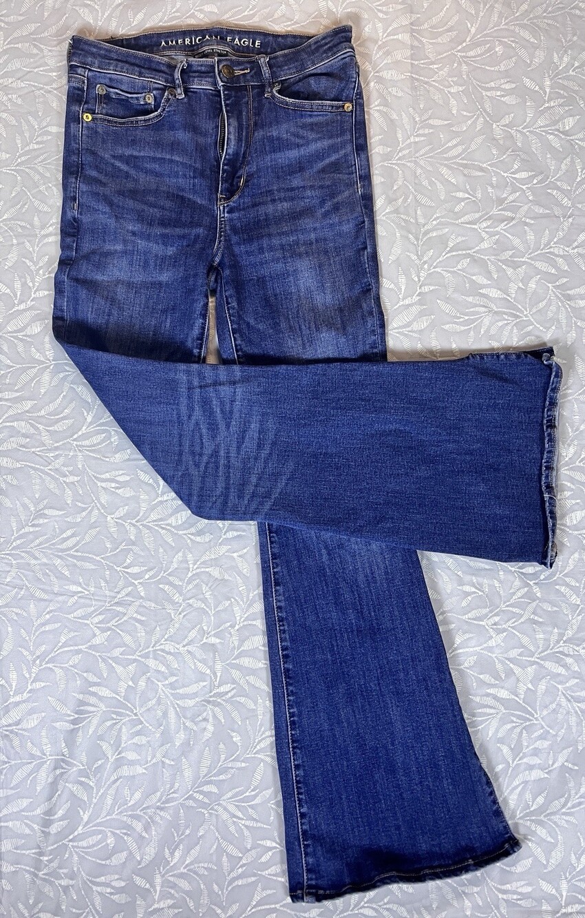 AE American Eagle Jeans Womens Blue Super High Rise Flare Stretch Boho Retro